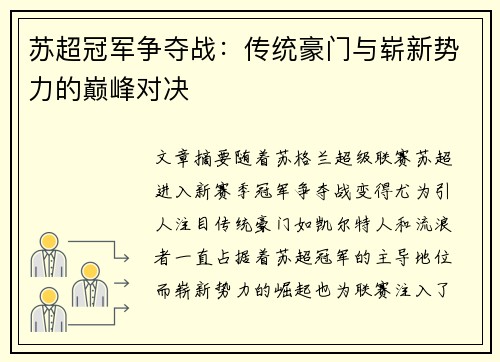 苏超冠军争夺战：传统豪门与崭新势力的巅峰对决
