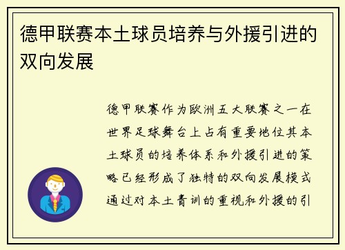 德甲联赛本土球员培养与外援引进的双向发展